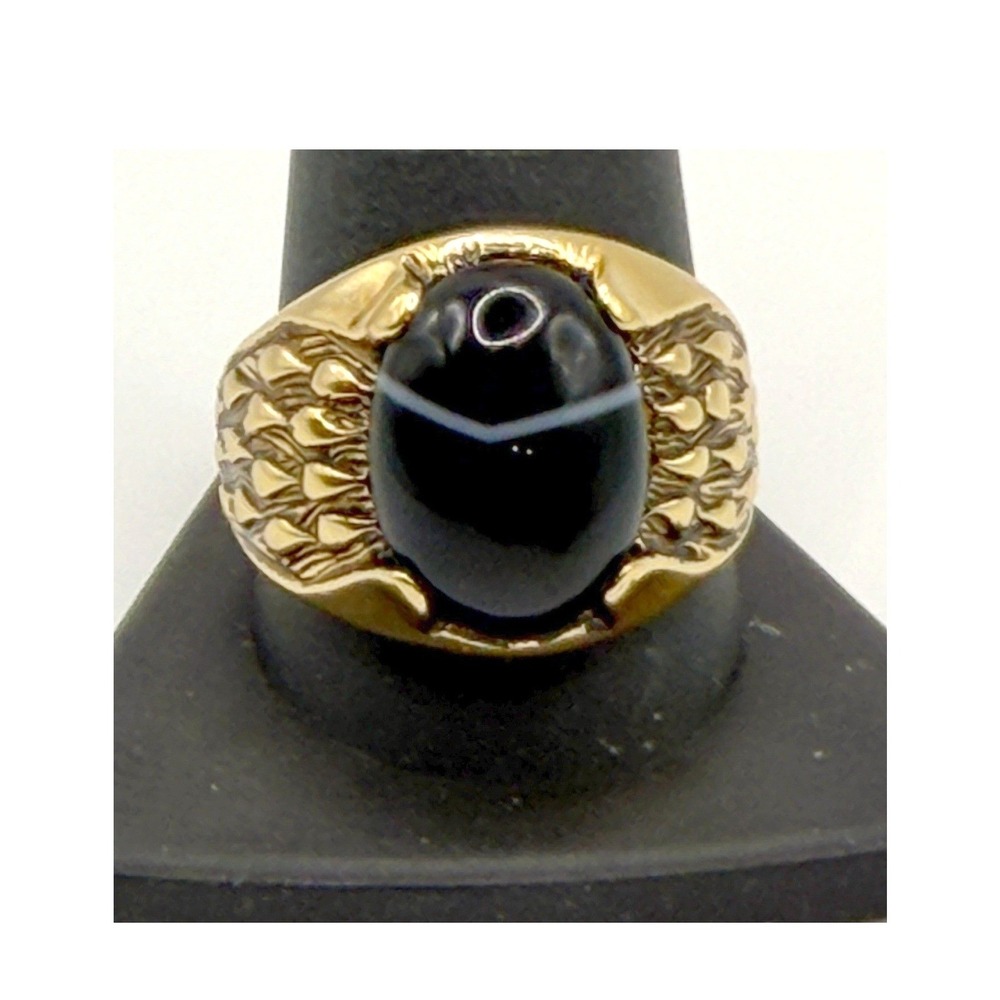 SETA Men's Gold Tone Signet Ring Black Streaked Glass Cabochon Size 12.25